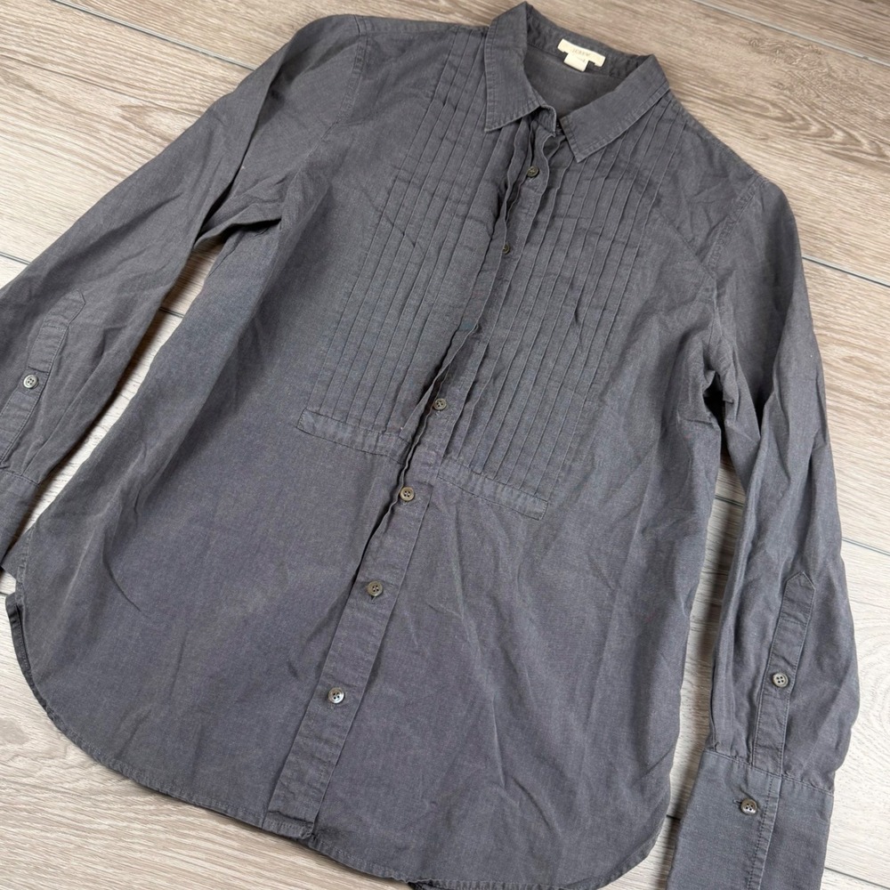 J.Crew Womens Button Up Shirt Tuxedo Pleated Cotton Grey 4